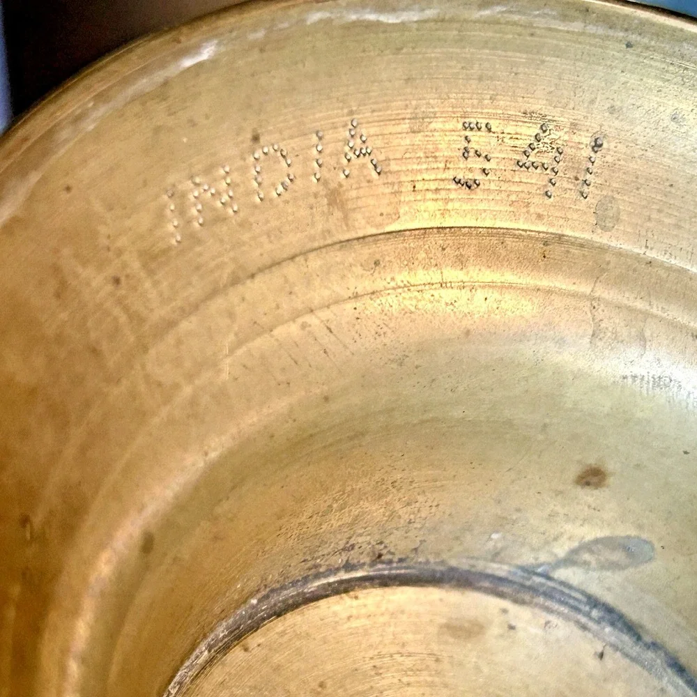 VTG Etched 14 inch Indian Brass Vase Colored Inlay Botanical Pattern Boho MCM